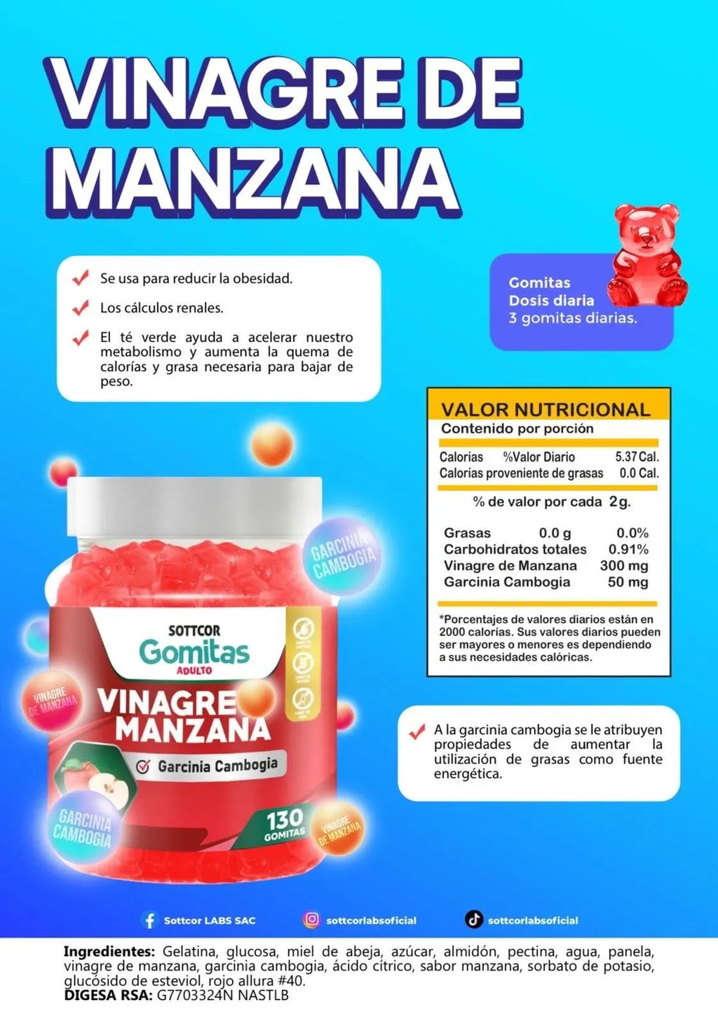 Gomitas SOTTCOR ADULTOS VINAGRE MANZANA Y MÁS
